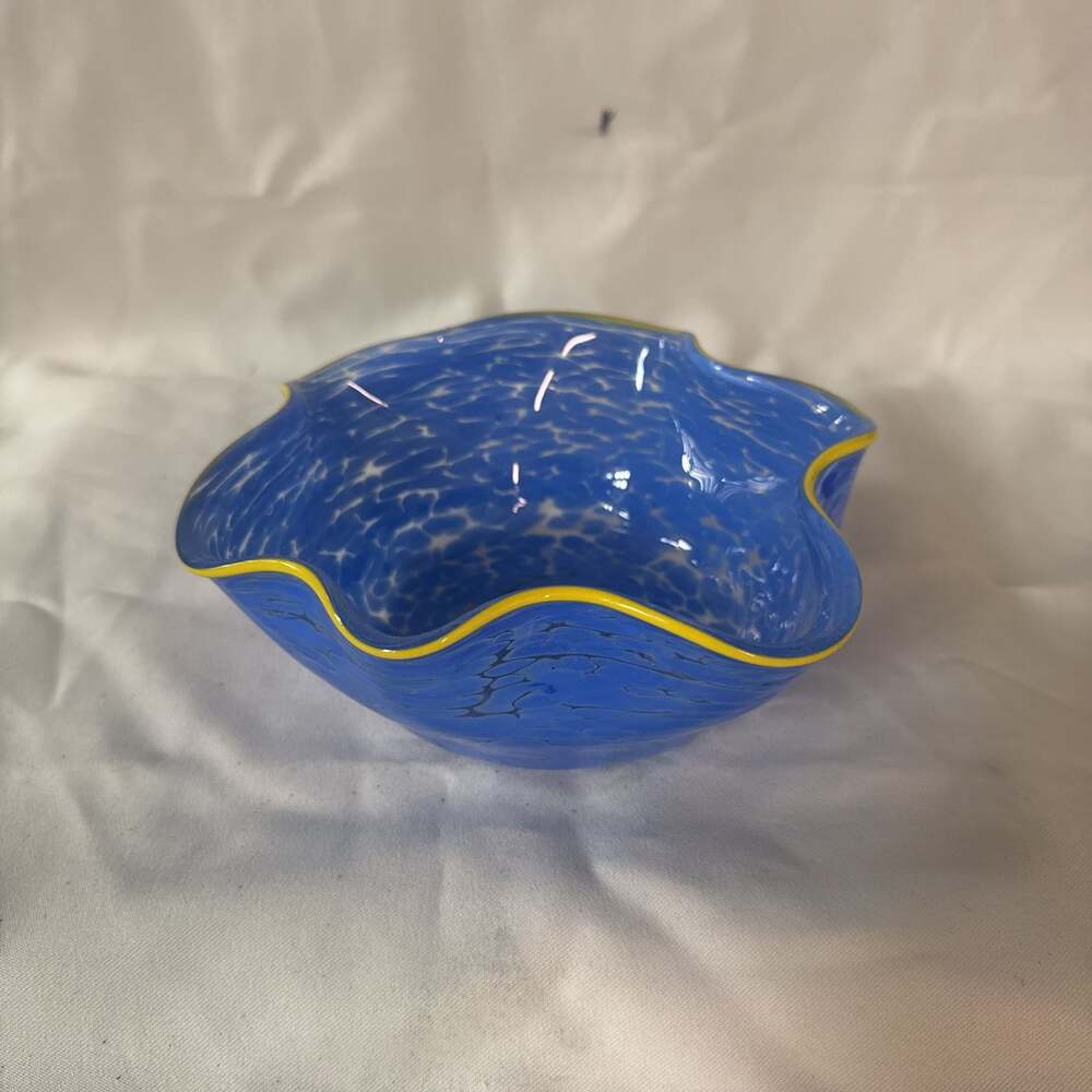 Vintage Art Glass Hand Blown Textured Blue & Gold Tone Trim Handkerchief Bowl